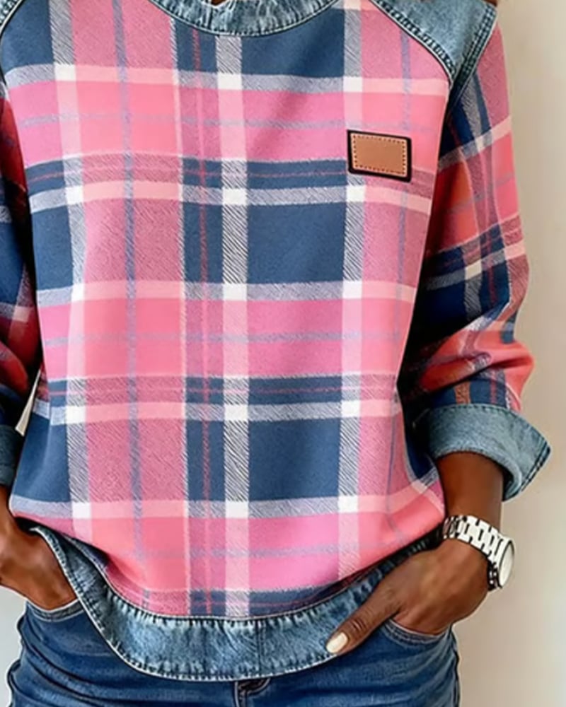 Women’s Plaid Patchwork Sweatshirt – Casual Comfort with a Modern Twist
