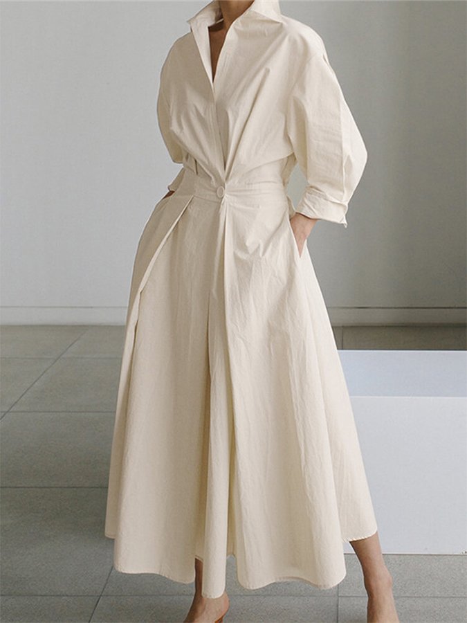 Women’s Maxi Shirt Dress – Minimalist Belted A-Line Elegance