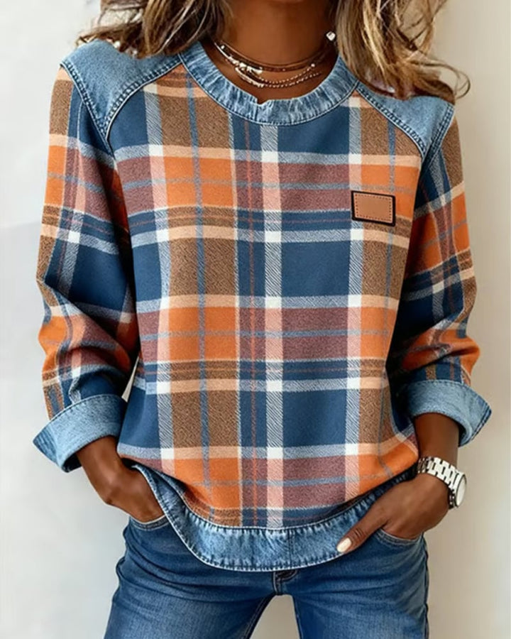 Women’s Plaid Patchwork Sweatshirt – Casual Comfort with a Modern Twist