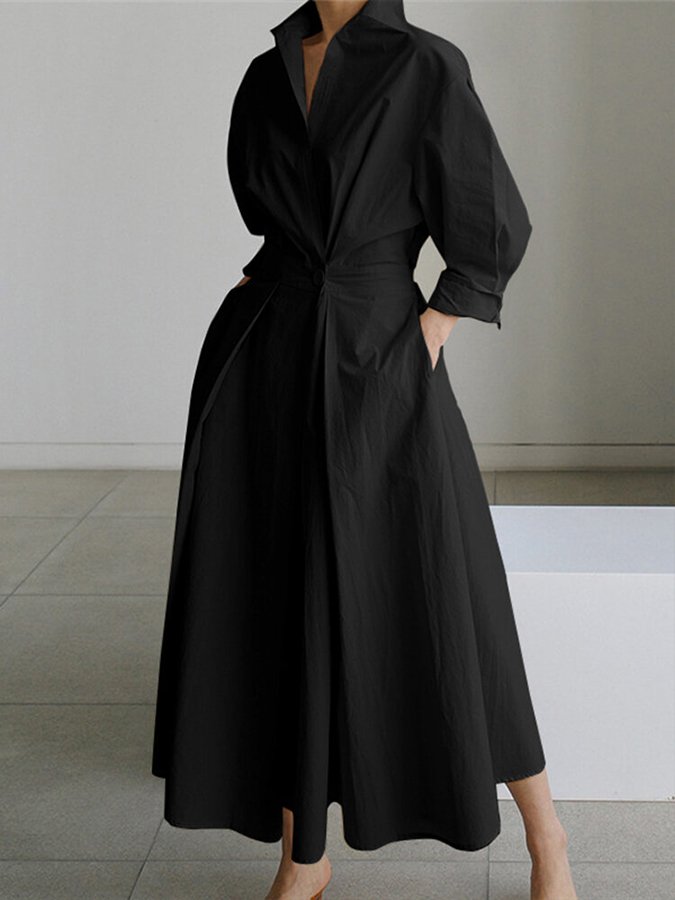 Women’s Maxi Shirt Dress – Minimalist Belted A-Line Elegance