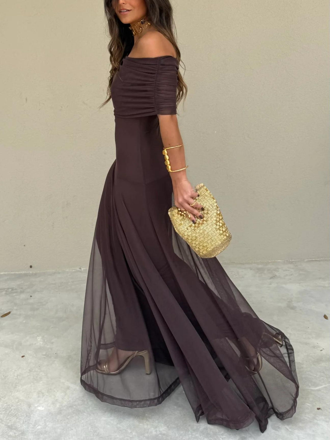 Women’s Off-Shoulder Maxi Dress – Flowy Chiffon Evening Elegance