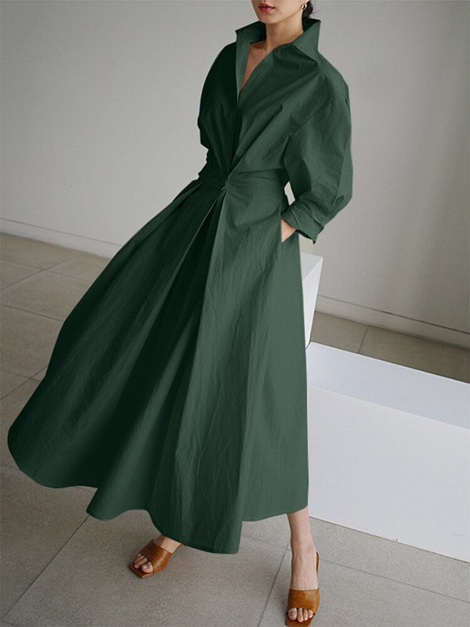 Women’s Maxi Shirt Dress – Minimalist Belted A-Line Elegance