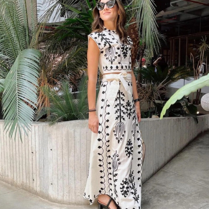 Women’s Embroidered Two-Piece Set – Boho Crop Top & Wrap Midi Skirt
