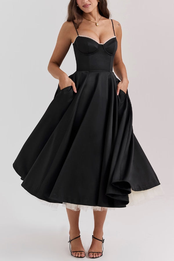 Women’s Satin Midi Dress – Corset Bodice & Twirl-Worthy Skirt
