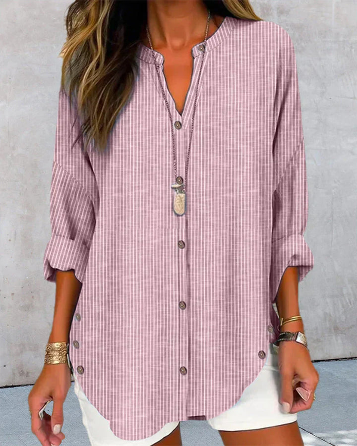 Women’s Elegant V-Neck Top with Timeless Stripe Pattern – Relaxed Fit & Everyday Elegance