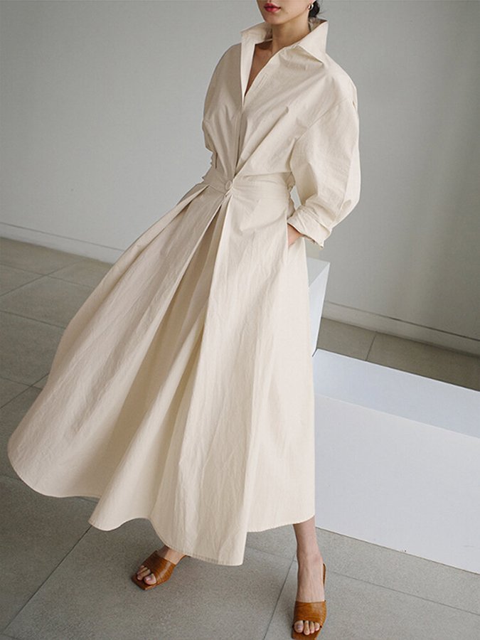Women’s Maxi Shirt Dress – Minimalist Belted A-Line Elegance