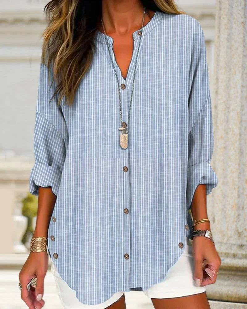 Women’s Elegant V-Neck Top with Timeless Stripe Pattern – Relaxed Fit & Everyday Elegance