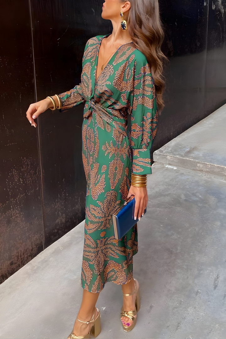 Women’s Boho Maxi Dress – Deep V Neck & Bold Statement Print