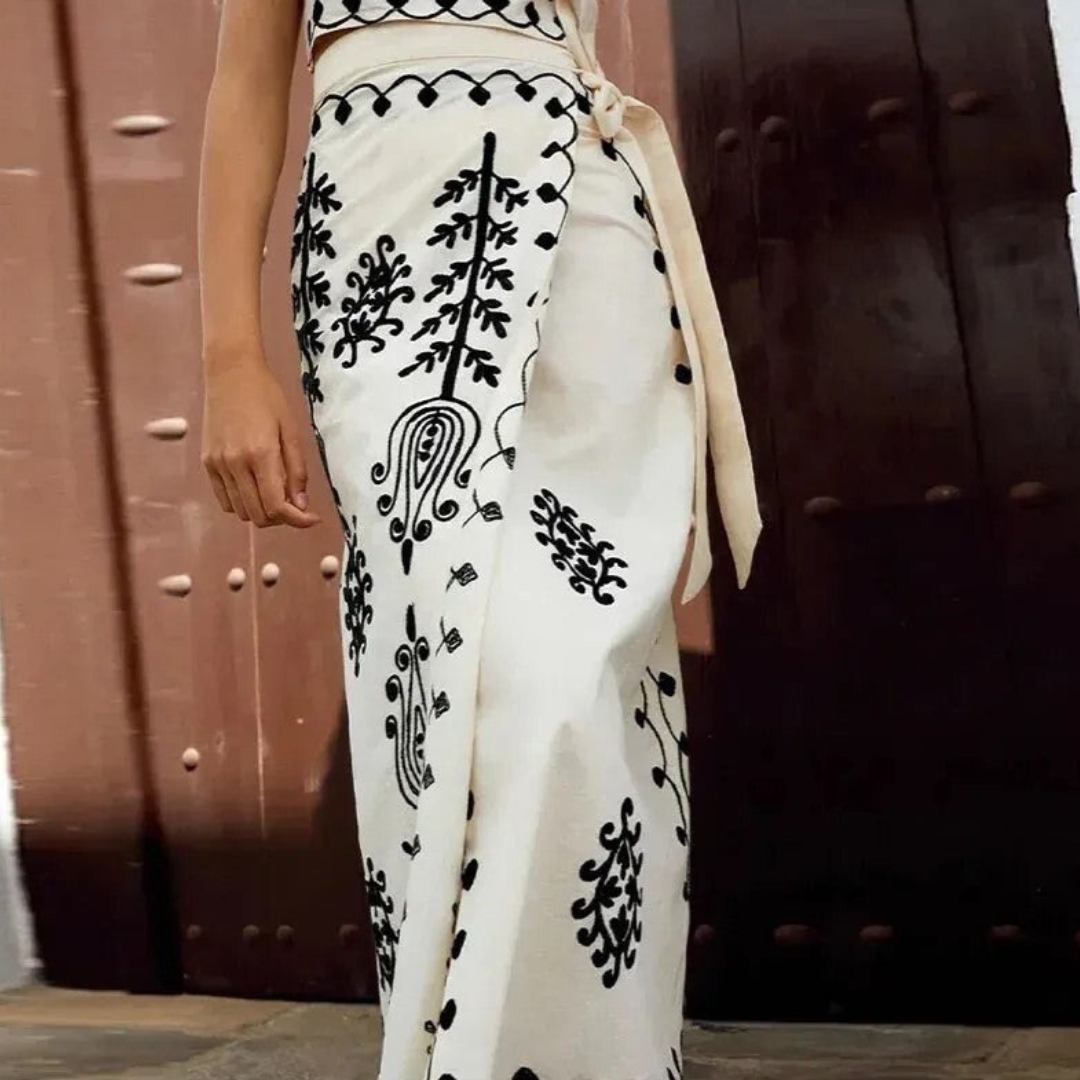 Women’s Embroidered Two-Piece Set – Boho Crop Top & Wrap Midi Skirt