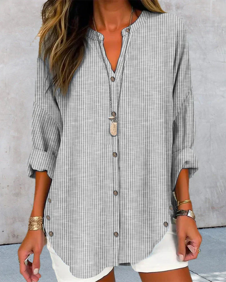 Women’s Elegant V-Neck Top with Timeless Stripe Pattern – Relaxed Fit & Everyday Elegance