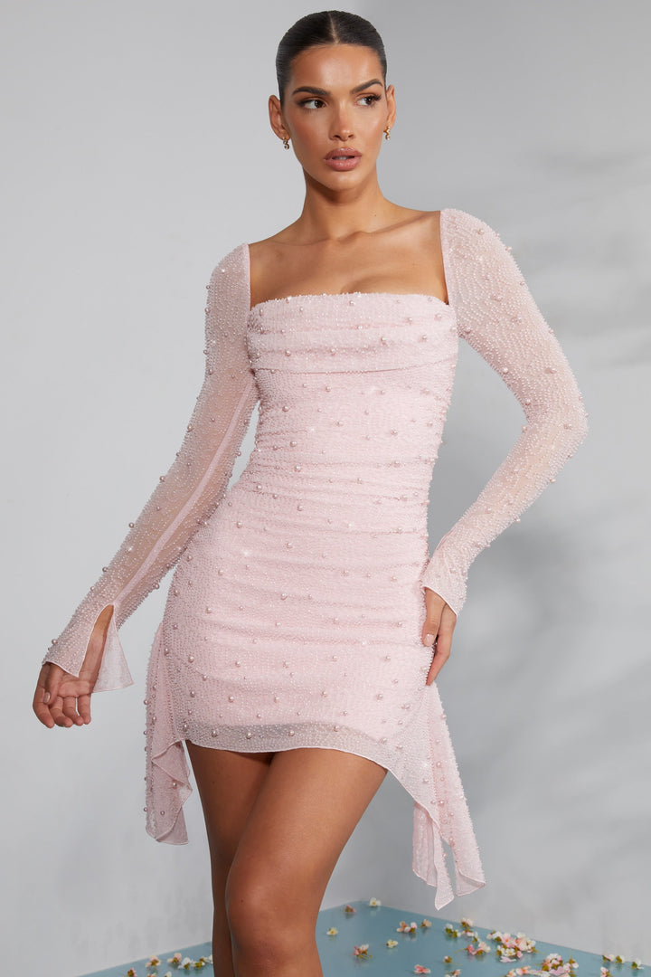 Women’s Blush Embellished Mini Dress – Long Sleeve Party Glam