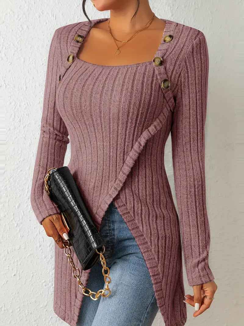 Women’s Top – Modern Ribbed Design with Asymmetric Button Detail