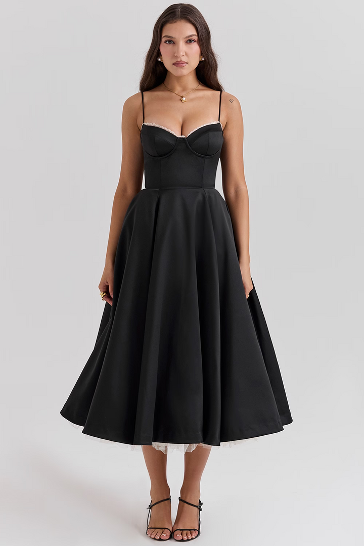 Women’s Satin Swing Midi Dress – Vintage Fit & Flare Elegance