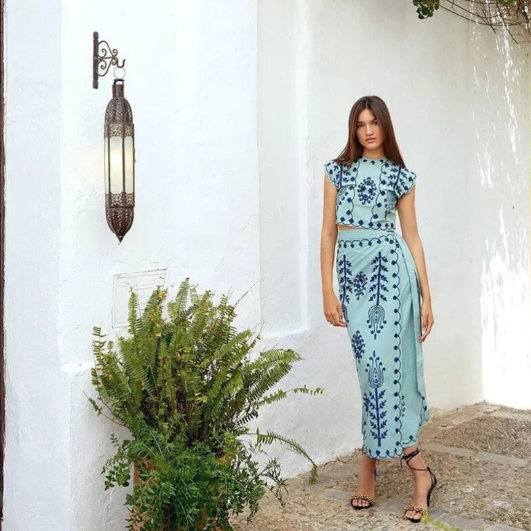 Women’s Embroidered Two-Piece Set – Boho Crop Top & Wrap Midi Skirt