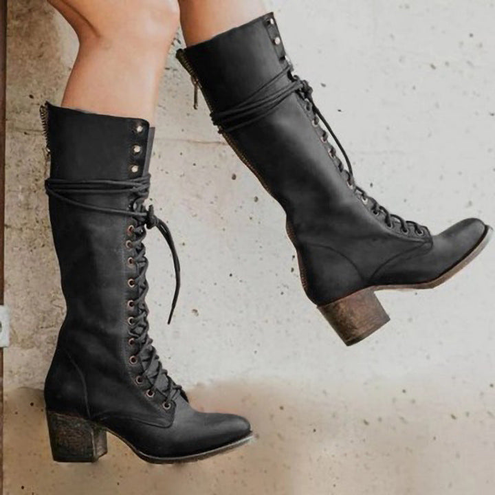 Women Knee-High Chunky Heel Boots – PU Leather, Lace-Up Style