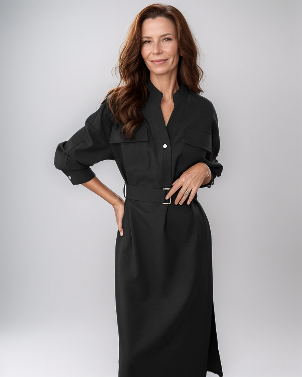 Elegante V-Hals Jurk Dames – Met Riem en Knoopsluiting