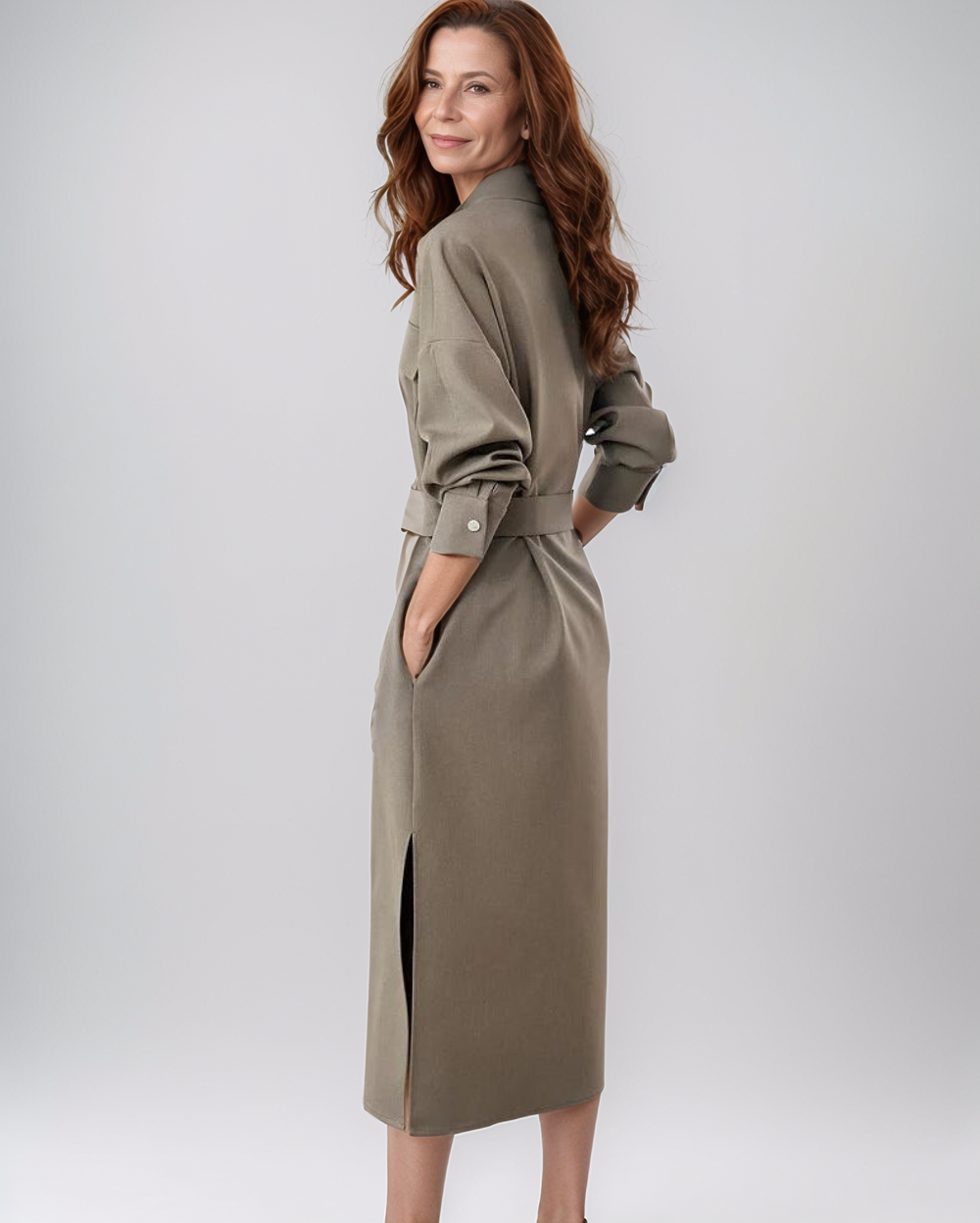 Elegante V-Hals Jurk Dames – Met Riem en Knoopsluiting