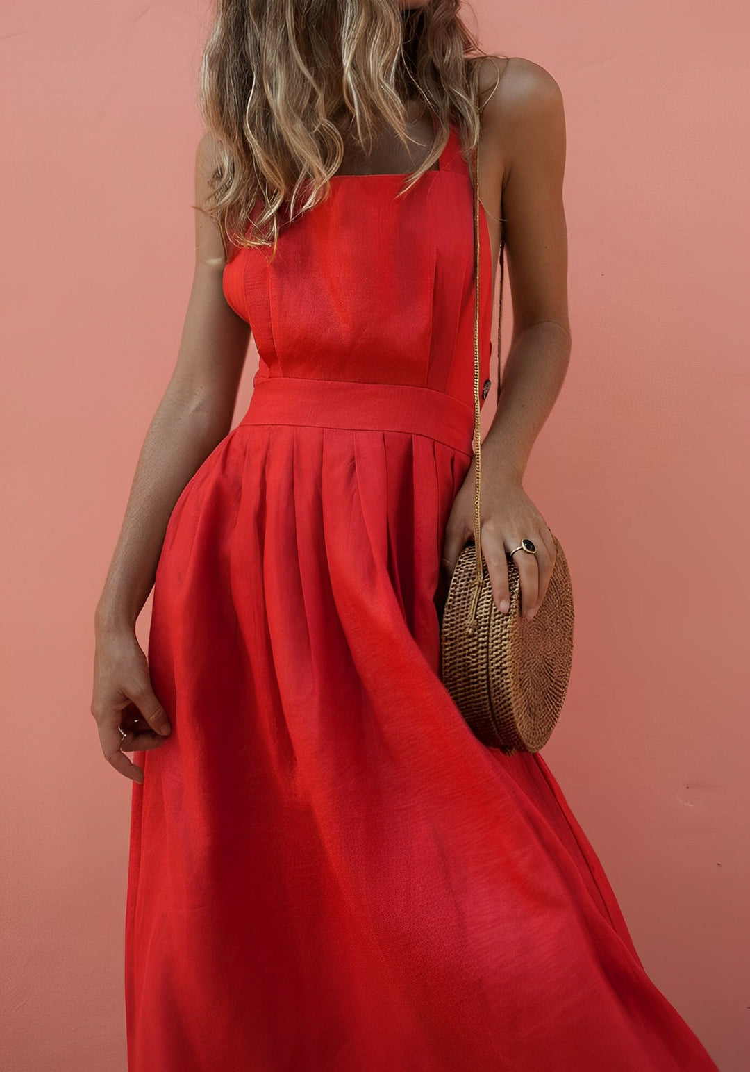 Women’s Red Backless Maxi Dress – Bow Tie Summer Elegance