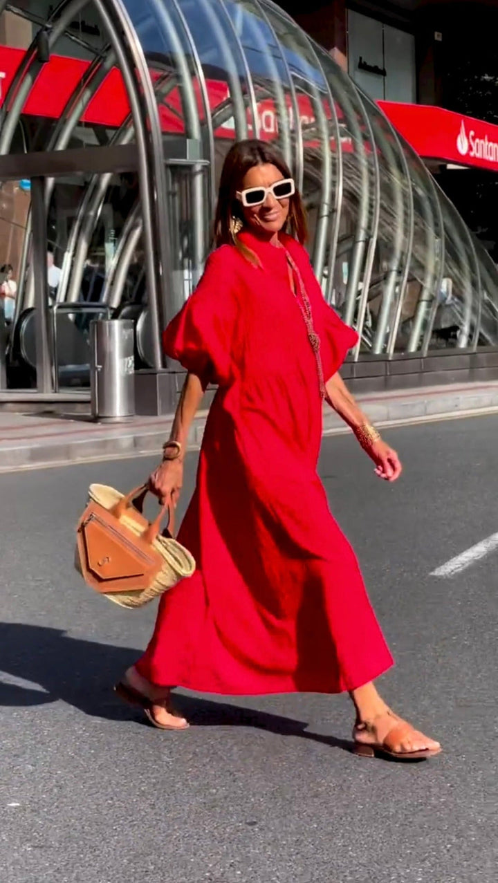 Women’s Red Midi Shirt Dress – Pleated Detail & Belted Confidence