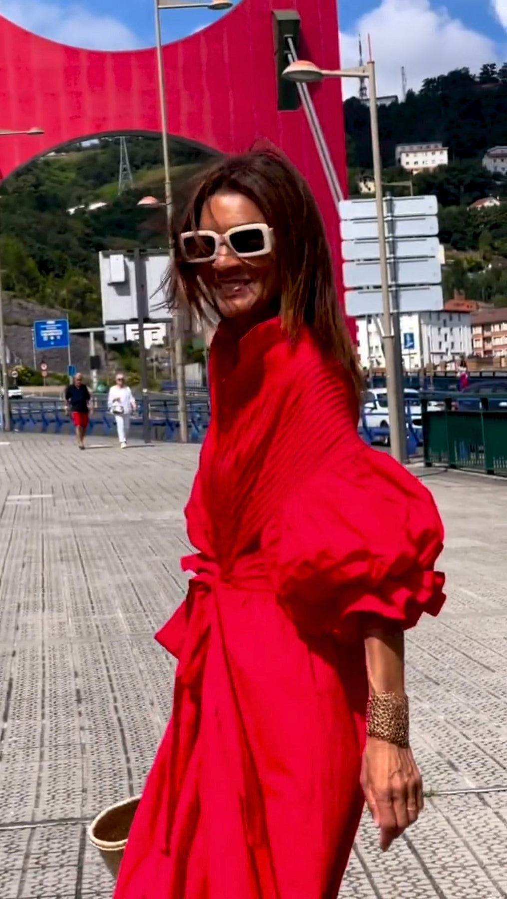 Women’s Red Midi Shirt Dress – Pleated Detail & Belted Confidence