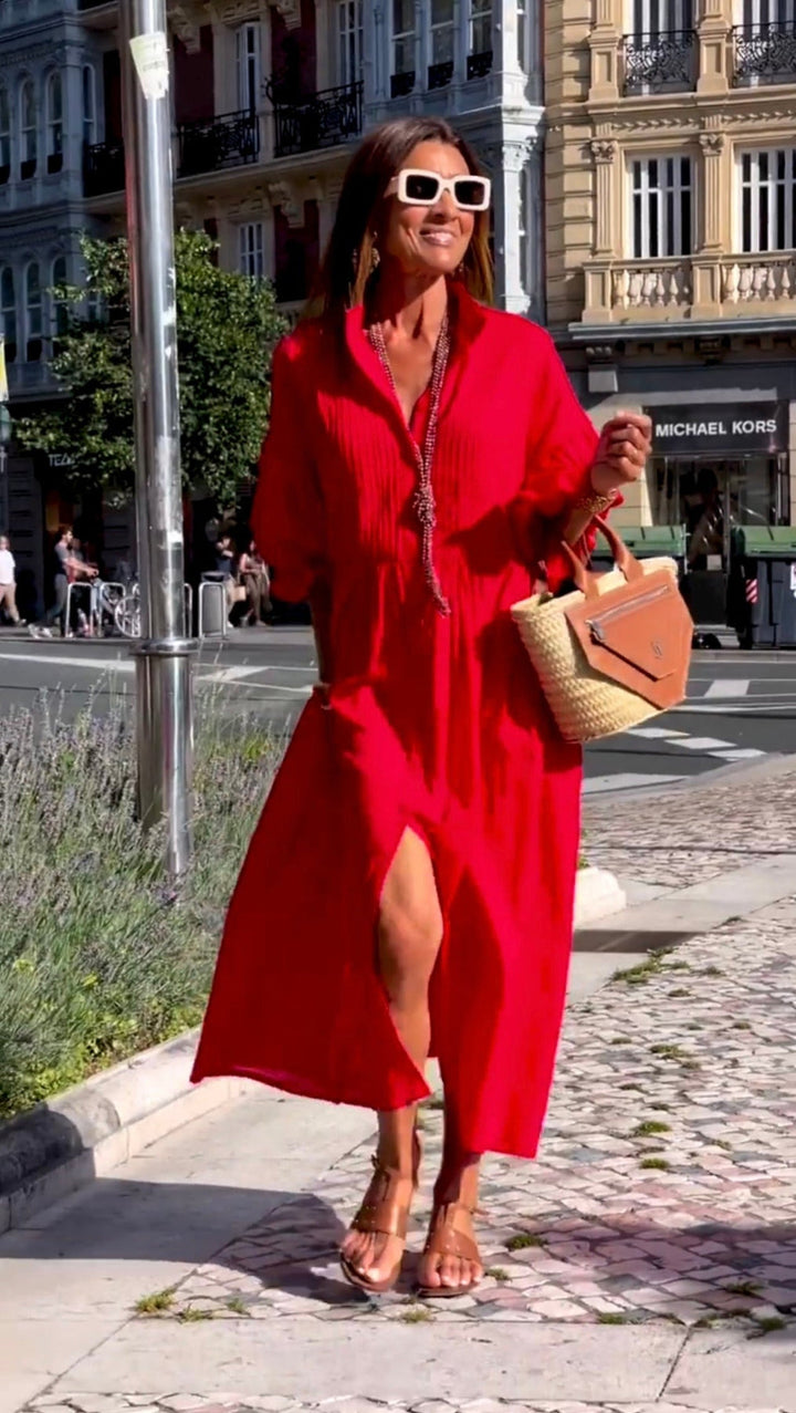 Women’s Red Midi Shirt Dress – Pleated Detail & Belted Confidence