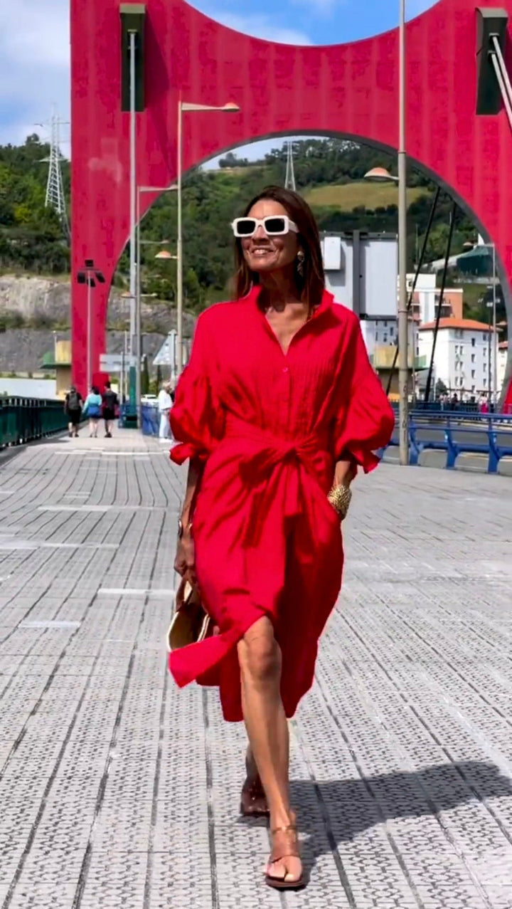 Women’s Red Midi Shirt Dress – Pleated Detail & Belted Confidence