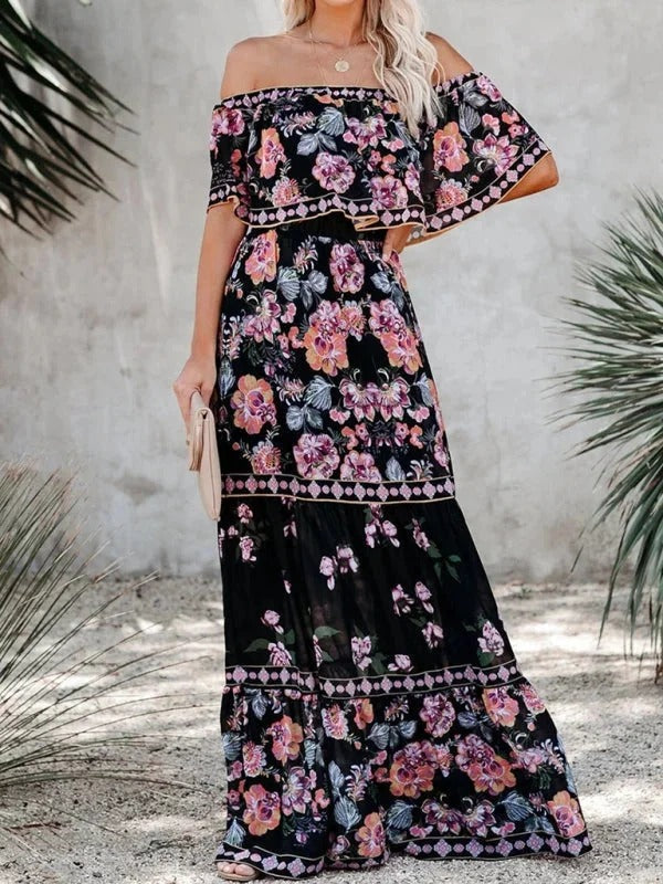 Women’s Off-Shoulder Floral Maxi Dress – Tiered Fit & Summer Elegance