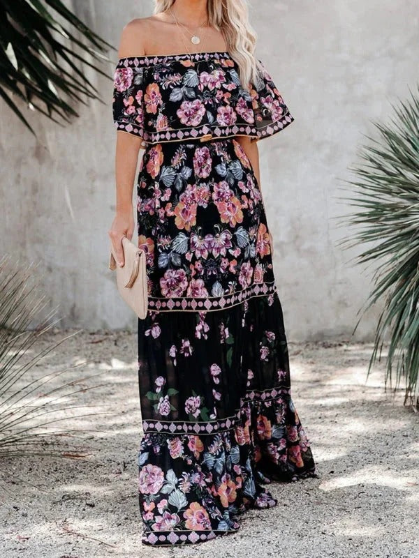 Women’s Off-Shoulder Floral Maxi Dress – Tiered Fit & Summer Elegance