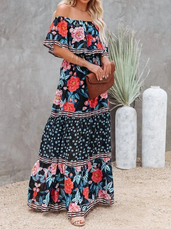 Women’s Off-Shoulder Floral Maxi Dress – Tiered Fit & Summer Elegance