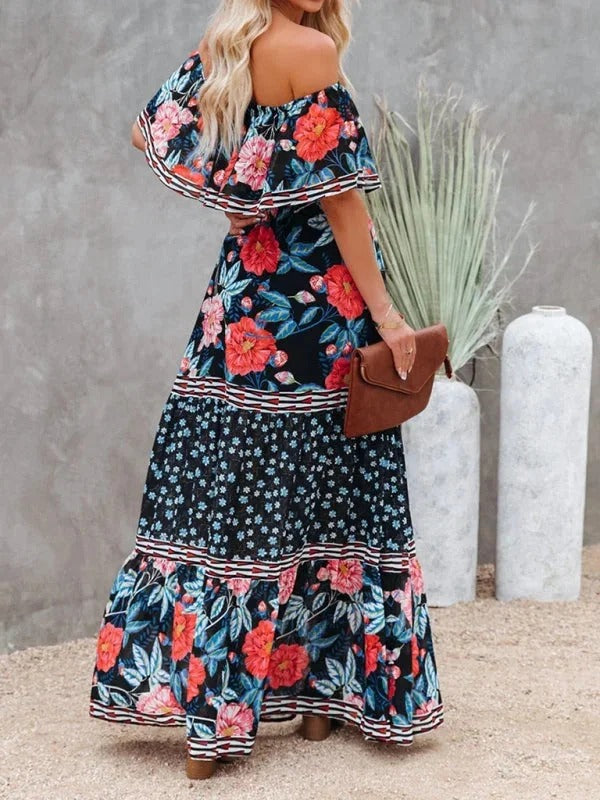 Women’s Off-Shoulder Floral Maxi Dress – Tiered Fit & Summer Elegance