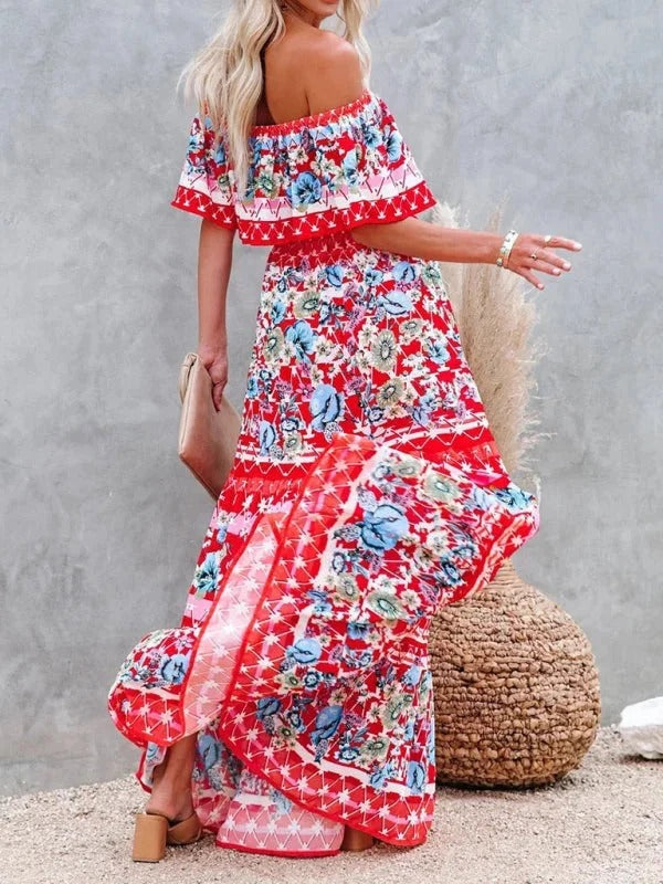 Women’s Off-Shoulder Floral Maxi Dress – Tiered Fit & Summer Elegance