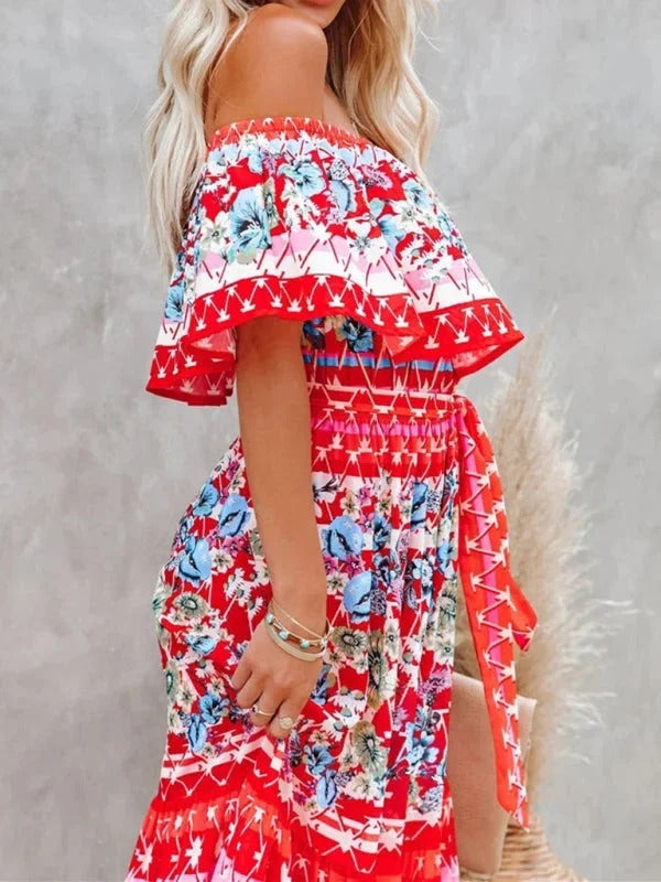 Women’s Off-Shoulder Floral Maxi Dress – Tiered Fit & Summer Elegance