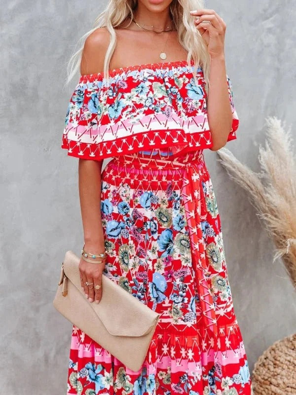 Women’s Off-Shoulder Floral Maxi Dress – Tiered Fit & Summer Elegance