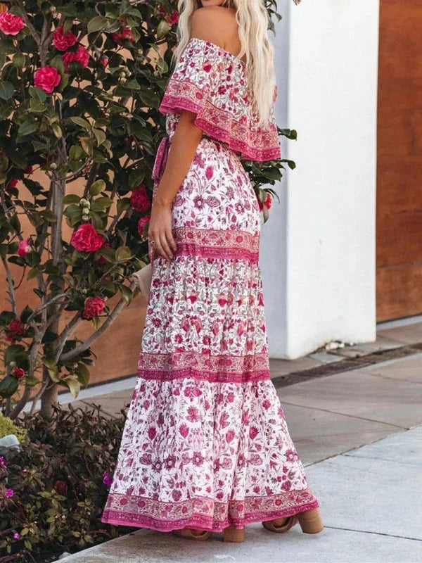 Women’s Off-Shoulder Floral Maxi Dress – Tiered Fit & Summer Elegance