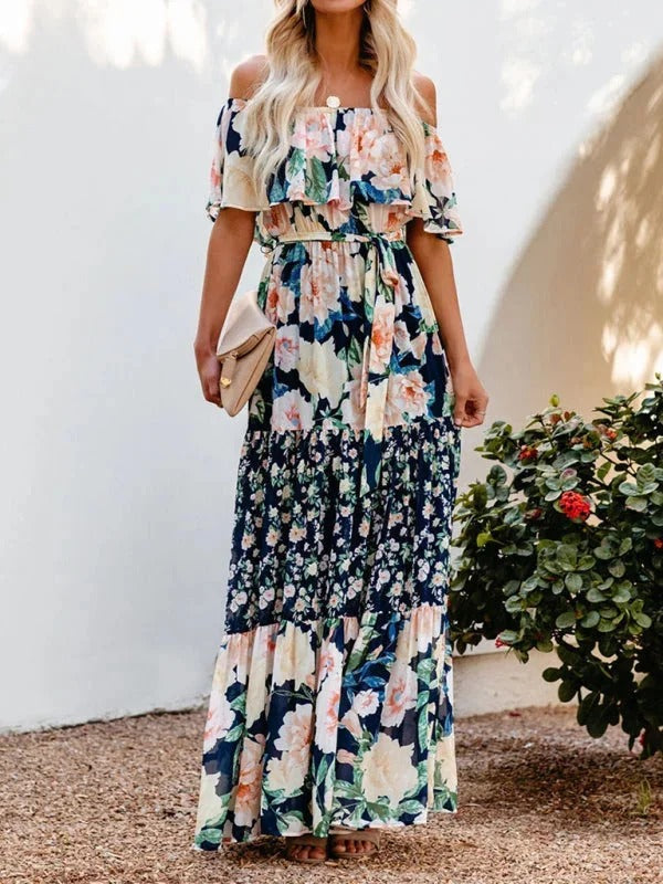 Women’s Off-Shoulder Floral Maxi Dress – Tiered Fit & Summer Elegance