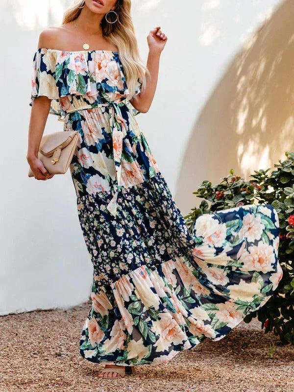 Women’s Off-Shoulder Floral Maxi Dress – Tiered Fit & Summer Elegance