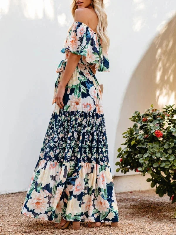 Women’s Off-Shoulder Floral Maxi Dress – Tiered Fit & Summer Elegance