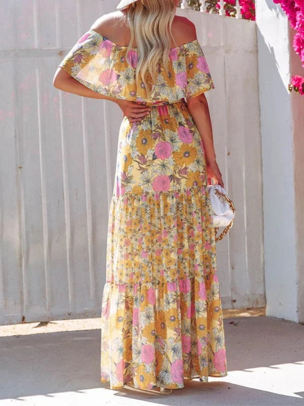 Women’s Off-Shoulder Floral Maxi Dress – Tiered Fit & Summer Elegance