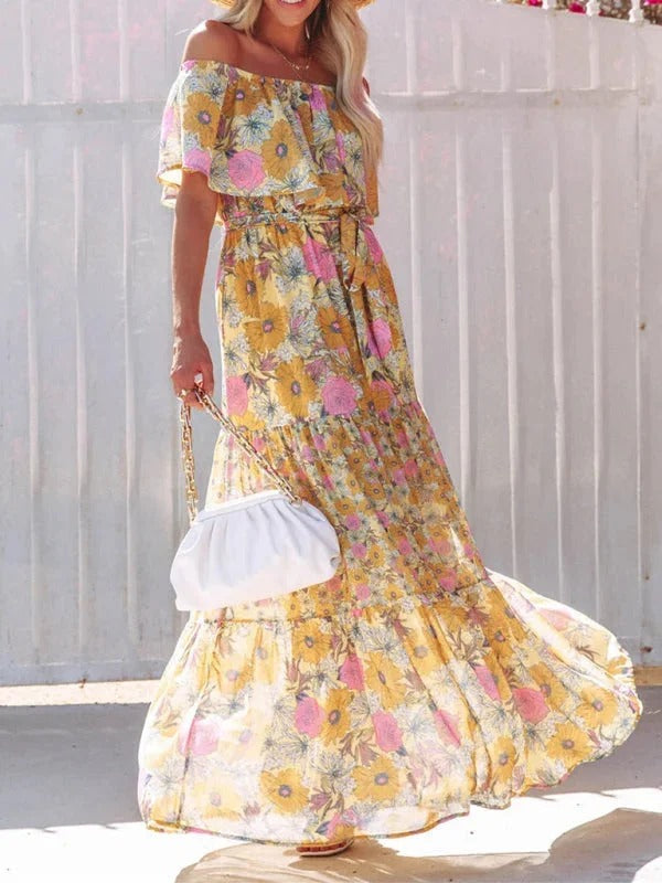 Women’s Off-Shoulder Floral Maxi Dress – Tiered Fit & Summer Elegance
