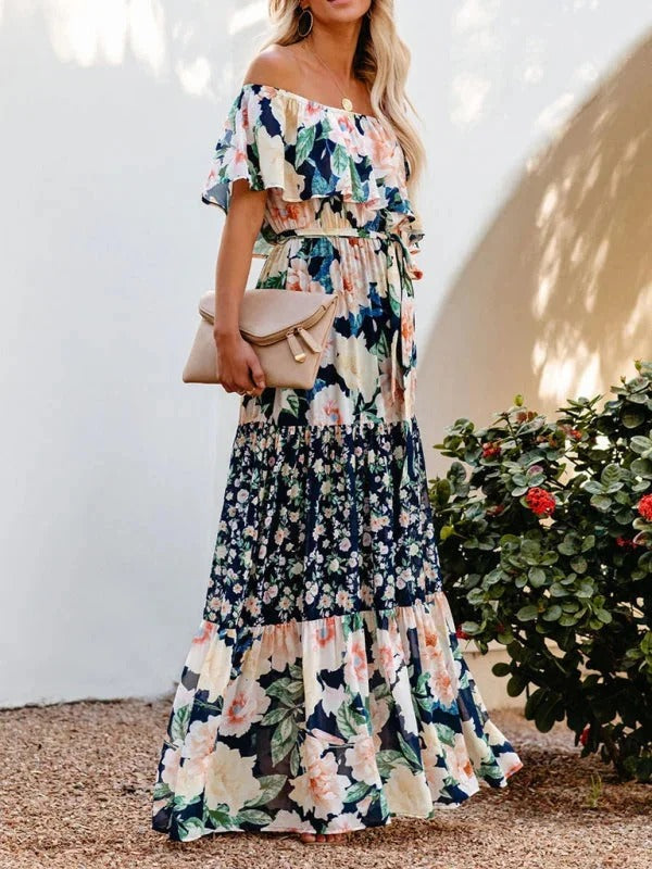 Women’s Off-Shoulder Floral Maxi Dress – Tiered Fit & Summer Elegance