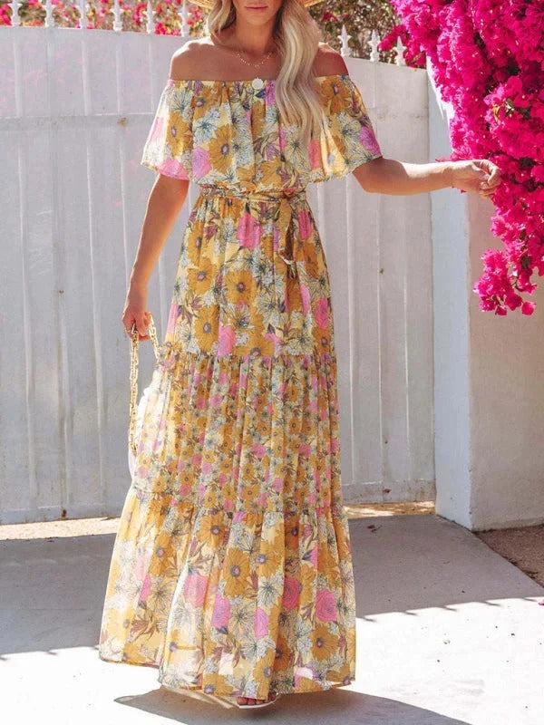 Women’s Off-Shoulder Floral Maxi Dress – Tiered Fit & Summer Elegance