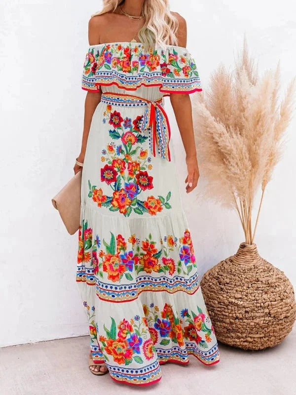 Women’s Off-Shoulder Floral Maxi Dress – Tiered Fit & Summer Elegance