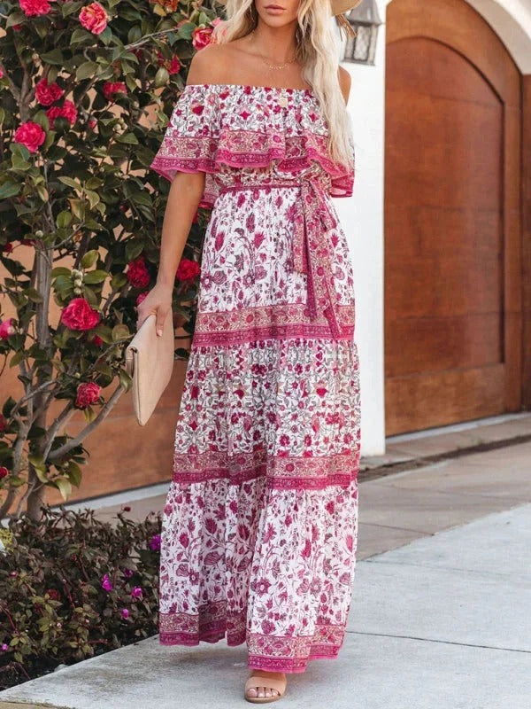 Women’s Off-Shoulder Floral Maxi Dress – Tiered Fit & Summer Elegance