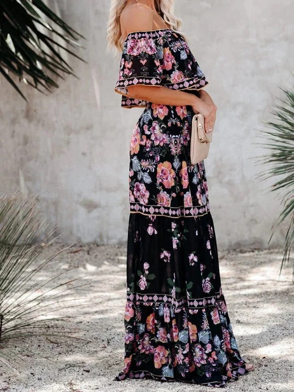 Women’s Off-Shoulder Floral Maxi Dress – Tiered Fit & Summer Elegance