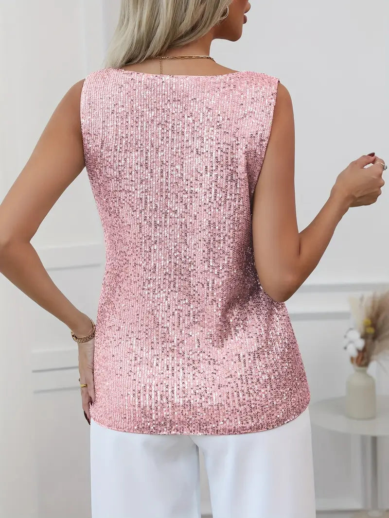 Women’s Sequin V-Neck Top – Sleeveless Fit & Subtle Glamour