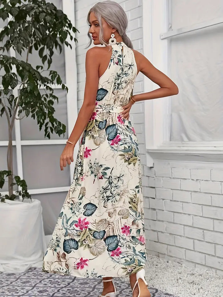Women’s Floral Halter Maxi Dress – Tie Waist & Flowing Silhouette