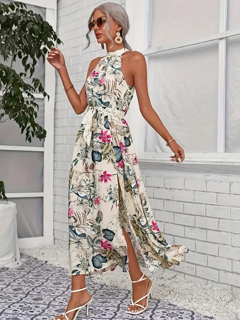 Women’s Floral Halter Maxi Dress – Tie Waist & Flowing Silhouette