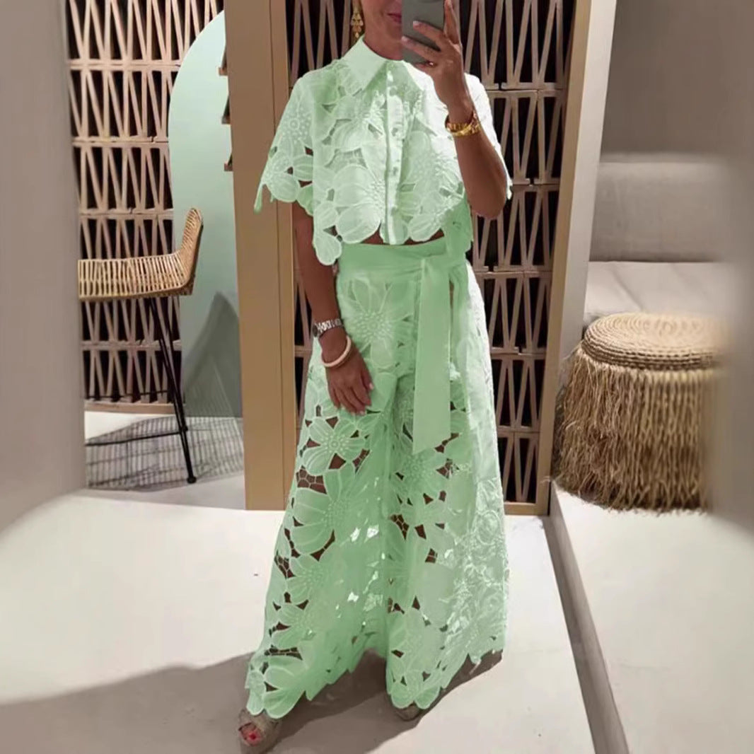 Women’s Lace Two-Piece Set – Floral Wide-Leg Pants & Crop Top