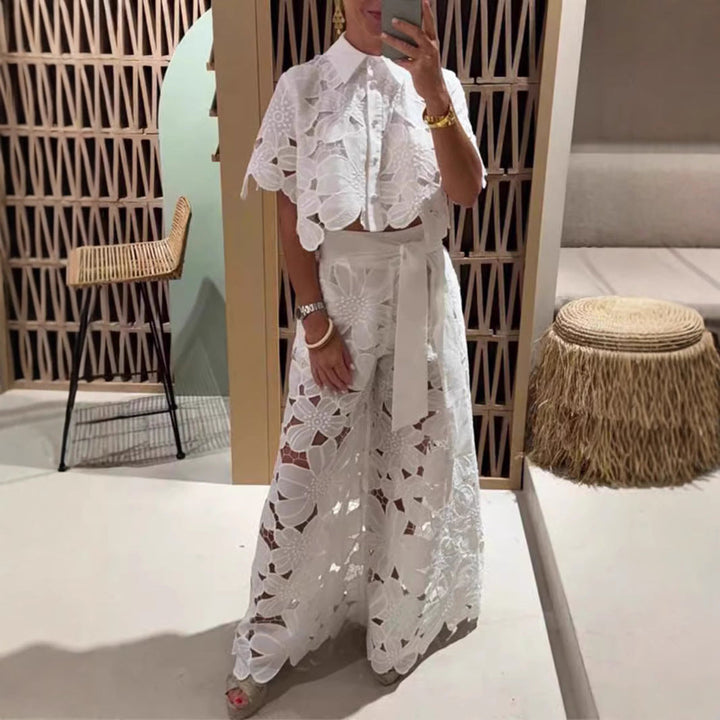 Women’s Lace Two-Piece Set – Floral Wide-Leg Pants & Crop Top