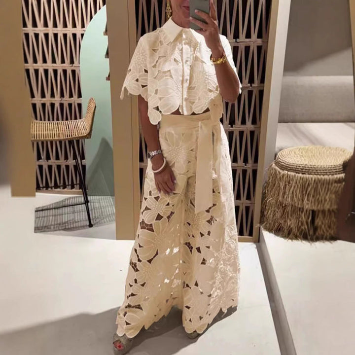 Women’s Lace Two-Piece Set – Floral Wide-Leg Pants & Crop Top